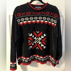 Vintage Snowflake Fair Isle Black & Red Woman’s Chenille Sweater Valentines LG
